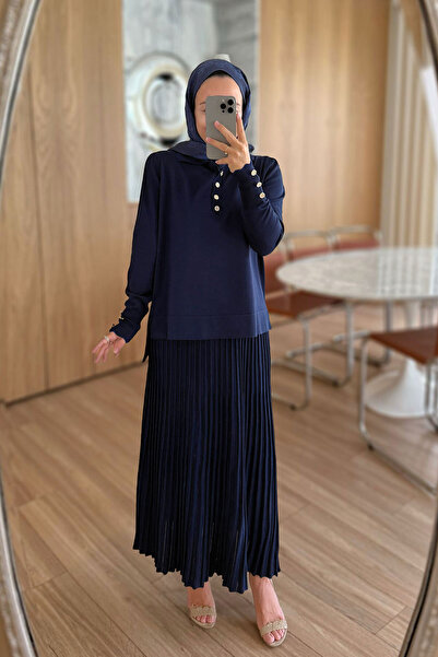 Ka Hijab Mercerized Suit with Sparkle Detail Skirt - Navy Blue