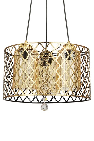 VENON Kulin 3'lü Camlı Siyah Sarı Patine Sarkıt Yuvarlak Avize Modern Tarz Salon Avizesi