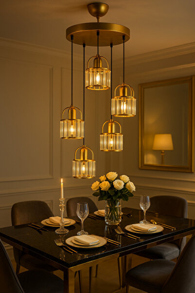 VENON Modern Titania 5 Li Sarkıt Eskitme Avize Yemek Masa Üstü Taşlı Avize Sarkıt Avize Kristal Aviz