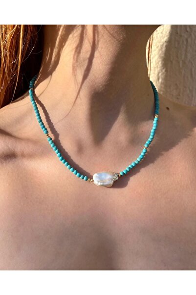 eyla collection لؤلؤ أزرق - حجر طبيعي فيروزي، قلادة مصنوعة يدويًا من اللؤلؤ ا...