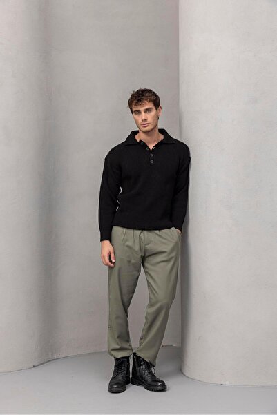 Valiberta Оверсайз-светр з 4 ґудзиками, напівзакритий, вільний крій, чоловічий трикотажний светр - чорний