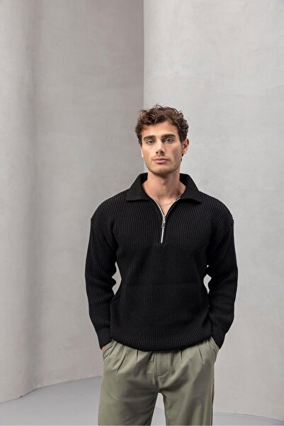 Valiberta سترة جيبسون كبيرة الحجم بسحاب نصفي وياقة بولو منسوجة للرجال - أسود