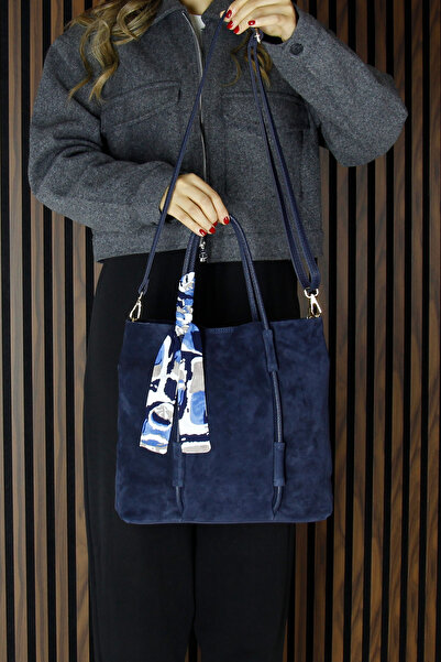 Erkan Saçmacı Navy Blue Genuine Cowhide Suede Large Size Daily Shoulder Bag with Magnetic Closure, Zippered Inner Pocket and Strap