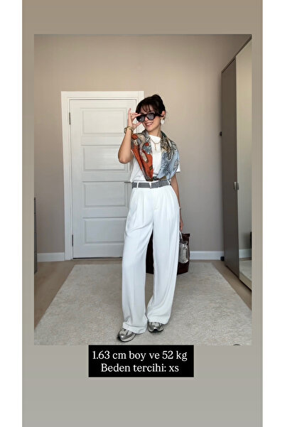 Vera Tekstil Women's White High-Waisted Pleated Wide-Leg Pants – Elastic Waist, Gold Buttons, Does Not Show Inner Waistband
