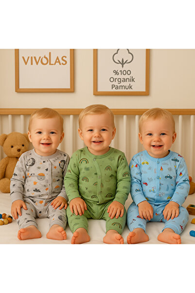 Vivolas Erkek Bebek Pamuklu Yenidoğan 3lü Bebek Tulum Seti 3-6-9 Ay