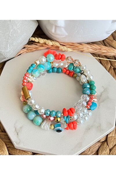 HALHALMILL Neon Pembe Püsküllü Nazar Boncuklu Tasarım Sarmal Bileklik