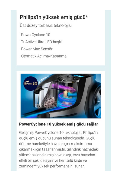 Philips Powercyclone 10 Teknolojili Premium Torbasız Süpürge, Triactive Ultra...