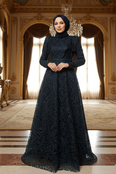 Neva Style Lacy Navy Blue Hijab Evening Dress 22421L