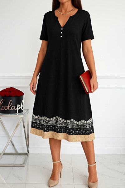 Silerra Women's Short Sleeve V Neck Hem Patterned Viscose Dress
