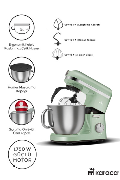 Karaca Kuplu Çelik 5LT Hazne 1750W GÜÇ Yoğurma Püre, Karıştırıcı Mikser ve Ha...