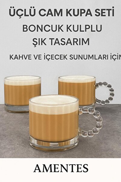 Amentes 3 Lü Cam Boncuk Kulplu Bardak Kupa Çay Kahve Meşrubat Bardağı 275ml