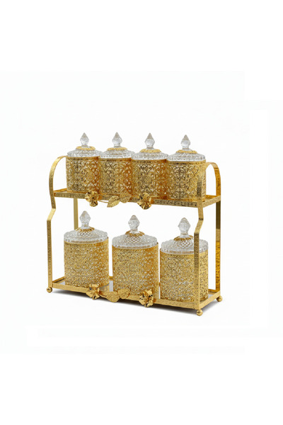 ALSAIF KITCHEN Luxurious Gold & Glass Spice Jar Set with Metal Rack - 6 Piece