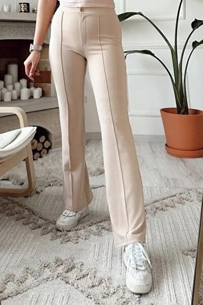 adba style Kadın Yüksek Bel Toparlayıcı Ispanyol Paça Dokuma Pantolon 4031