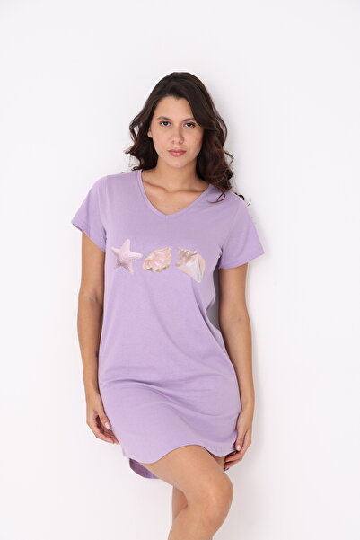 YASAR UNDERWEAR Deniz Kabuğu Baskılı Lila %100 Pamuk V Yaka Gecelik