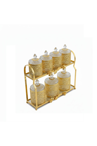 ALSAIF KITCHEN Luxurious Gold & Glass Spice Jar Set with Metal Rack - 6 Piece