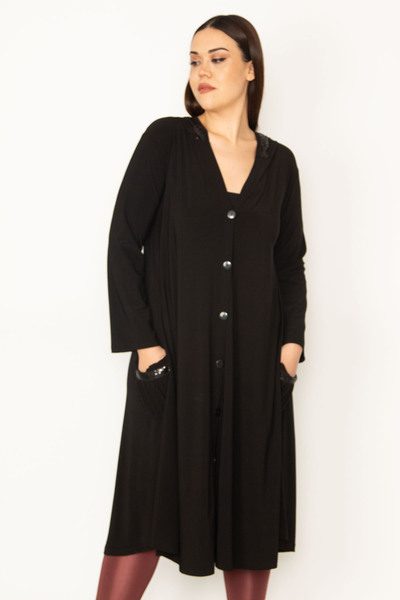 Şans Γυναικείο μεγάλο μέγεθος μαύρο αμμώδες ύφασμα παγιέτα με λεπτομέρεια μπροστά με κουκούλα με κουκούλα 65n31703