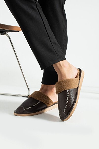 Slipcat Ανδρικές παντόφλες σπιτιών Δερμάτινες Καφέ