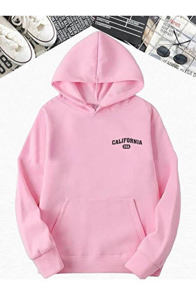 DM DOLCE MORE سترة رياضية كبيرة الحجم بقلنسوة مطبوعة بنمط كاليفورنيا باللون ا...