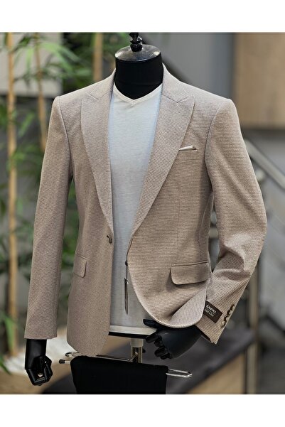SAVARA Men's Slimfit Beige Jacket with Argyle Pattern Made of Stretchy Lycra Fabric