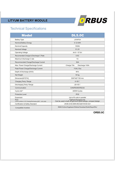 ORBUS 100ah 51.2v LİTYUM BATARYA