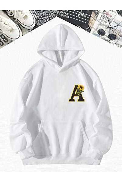 DM DOLCE MORE سترة رياضية بيضاء كبيرة الحجم بقلنسوة مطبوعة بحرف A من القطن ال...