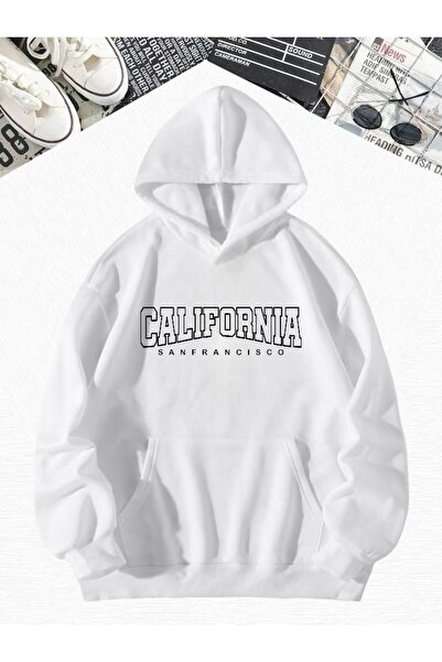 DM DOLCE MORE Φούτερ με κουκούλα με στάμπα καλιφόρνιας, λευκό χτενισμένο βαμβ...