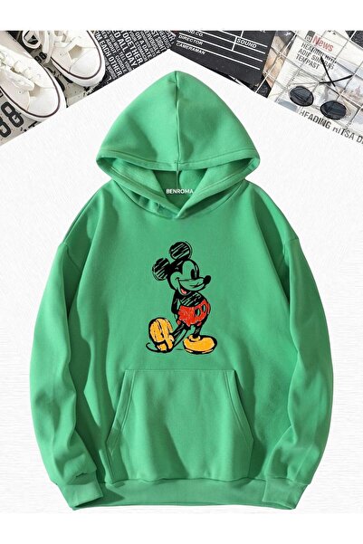 DM DOLCE MORE Φούτερ με κουκούλα με στάμπα Μίκυ, πράσινο χτενισμένο βαμβάκι, 3 νήματα, oversize