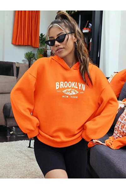 DM DOLCE MORE Hanorac unisex cu 3 fire din bumbac pieptănat, cu imprimeu BROOKLYN, cu croială oversize