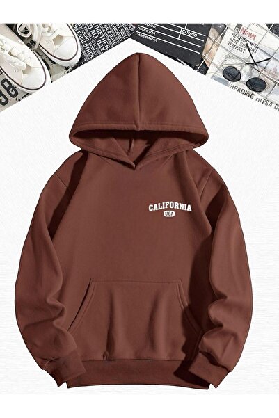 DM DOLCE MORE سترة رياضية كبيرة الحجم بقلنسوة مطبوعة بنمط كاليفورنيا بلون بني...