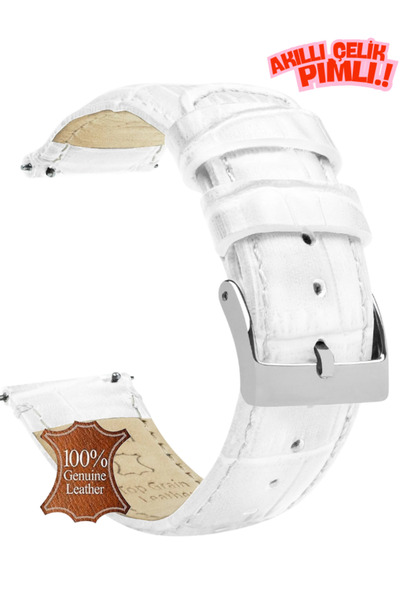 onlinekordon Fossil 20mm Saat Uyumlu Beyaz Renk Croco Baskılı Deri Saat Kordonu Kayışı