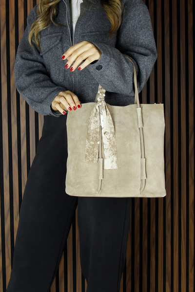 Erkan Saçmacı Kum Genuine Cowhide Suede Large Size Daily Shoulder Bag with Magnetic Closure, Zippered Inner Pocket and Strap