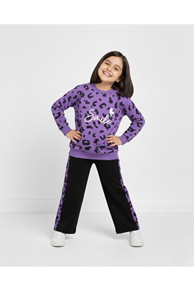 Ege Bebek Kız Çocuk Smile Baskılı Sweatshirt, Geniş Paça Eşofman Altlı , 2 İplik 3-10 Yaş Kız Eşofman Takımı