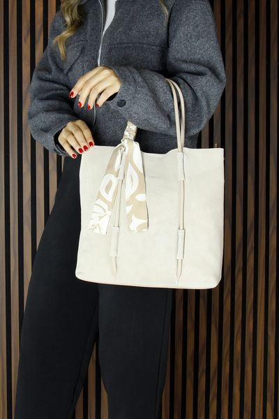 Erkan Saçmacı Beige Genuine Cowhide Suede Large Size Daily Shoulder Bag with Magnetic Closure, Zippered Inner Pocket and Strap