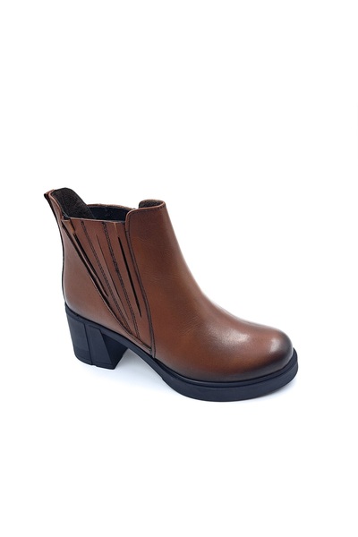 Bulldozer Hakiki Deri Lastikli 6 cm Kalın Topuklu Taba Kahverengi Kadın Bot