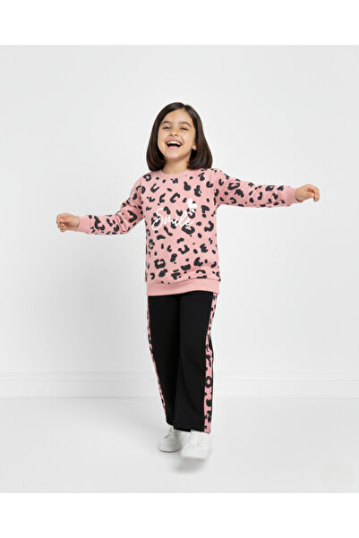 Ege Bebek Girl's Smile Printed Sweatshirt, Wide Leg Tracksuit Bottom, 2 Thread 3-10 Years Old Girl Tracksuit Set