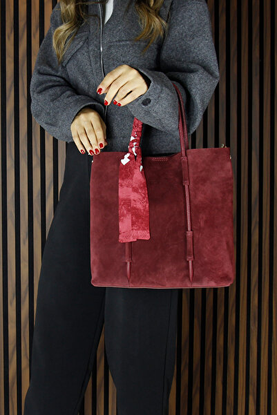 Erkan Saçmacı Burgundy Genuine Cowhide Suede Large Size Daily Shoulder Bag with Magnetic Closure, Zippered Inner Pocket and Strap
