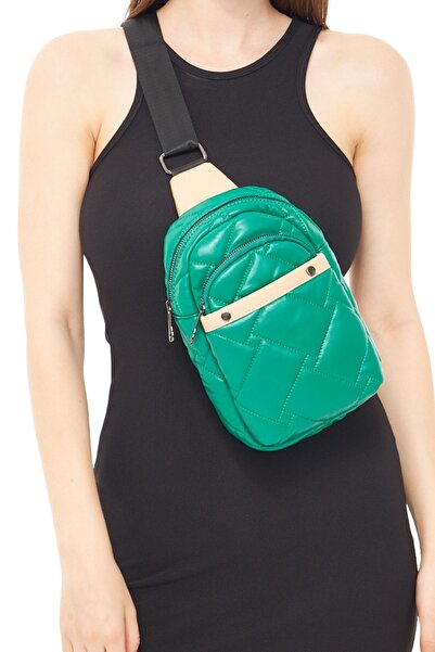 Morpelikan Women's Parachute Fabric Green Colored Three-Compartment Body Bag Shoulder Chest Bag