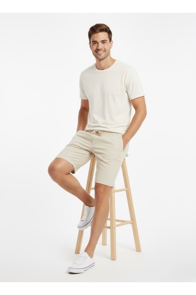 TheSeason Erkek Taş Pamuklu Keten Görünümlü Beli Lastikli Relaxed Şort