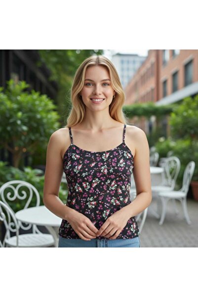 ESTA STORE Black Color Small Colorful Flower Patterned String Strap Tank Top