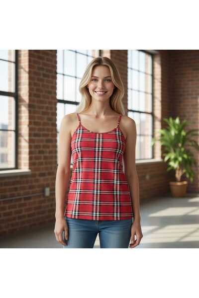 ESTA STORE Red Plaid Patterned Strap Tank Top