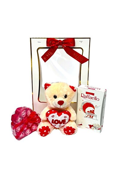 velve Pachet Love, cu ursulet de plus 20cm, cutie in forma de inima cu trandafiri din sapun, praline,Crem