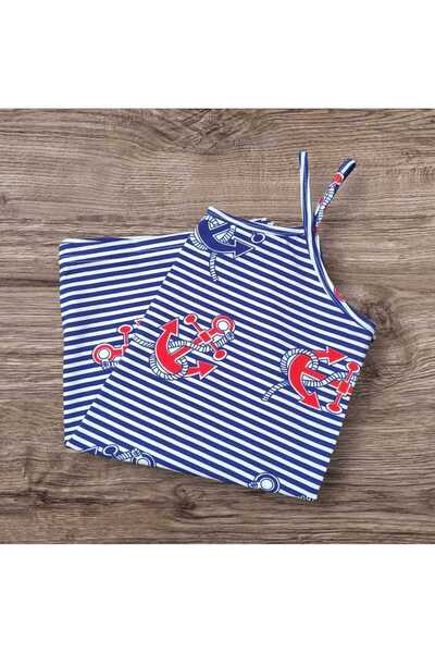 ESTA STORE Blue and White Striped Anchor Patterned String Strap Tank Top