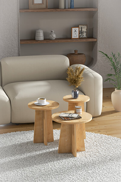 PDMPOİNT DOLAP MARKET Mantar 3'lü Zigon Sehpa İskandinav Stili - Safir Meşe