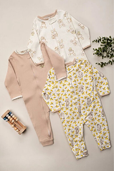Bamoola for Babies 100% Cotton 9-12-18 Months Rabbit 3-Piece Footless Cuffed Jumpsuit (Baby Girl Boy)