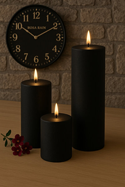 ROSA RAİN 3 LÜ SET KÜTÜK SİLİNDİR SİYAH MUM 20x7 CM 12x7 CM 7x7 CM MAX 70 SAA...