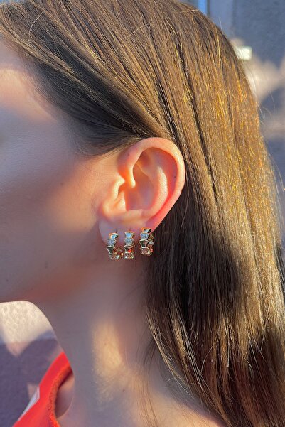 Bijou Luz Gold Zirkon Taşlı Mini Üçlü Halka Küpe Seti