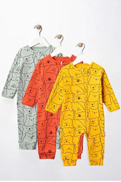 Bamoola for Babies 100% Cotton 9-12-18 Months Teddy Bear 3-Piece Cuffed Romper Without Booties (Baby Girl Boy)