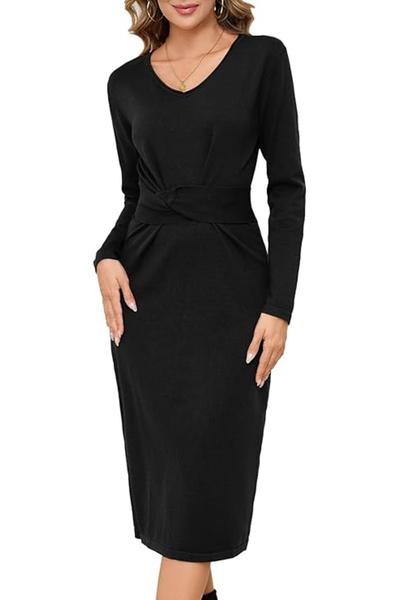 OEM Rochie casual tricotată pentru femei, peste genunchi, cu mâneci lungi, ne...