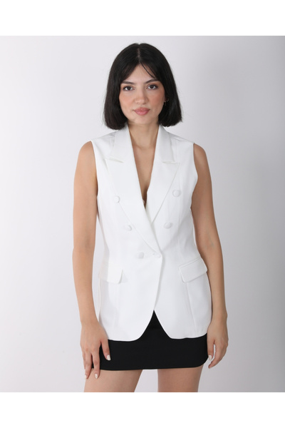 deqfashion Women's White Button Detailed Blazer Vest