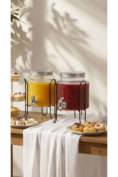 Generic Glass beverage dispenser set with metal stand.